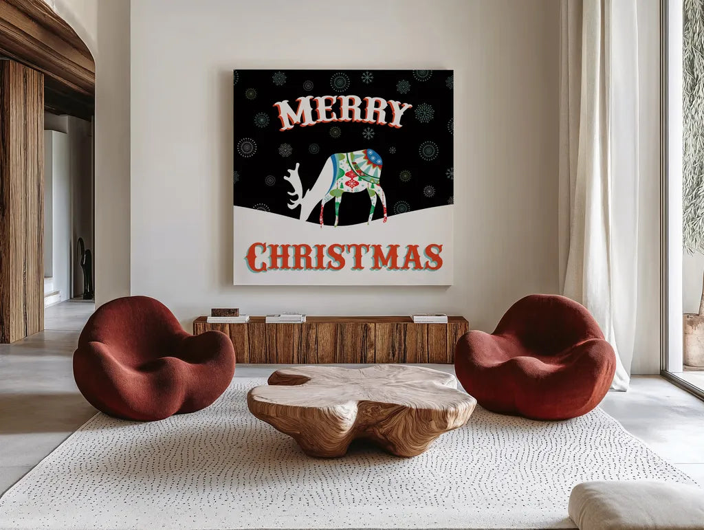 Mod Holiday on Black II by Wild Apple Portfolio. Shown as extra-large giant wall art in a modern living room. Available as an archival giclee rolled canvas, fine art paper, or poster print. SKU 41757a.