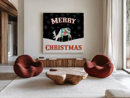 Mod Holiday on Black II by Wild Apple Portfolio. Shown as extra-large giant wall art in a modern living room. Available as an archival giclee rolled canvas, fine art paper, or poster print. SKU 41757a.