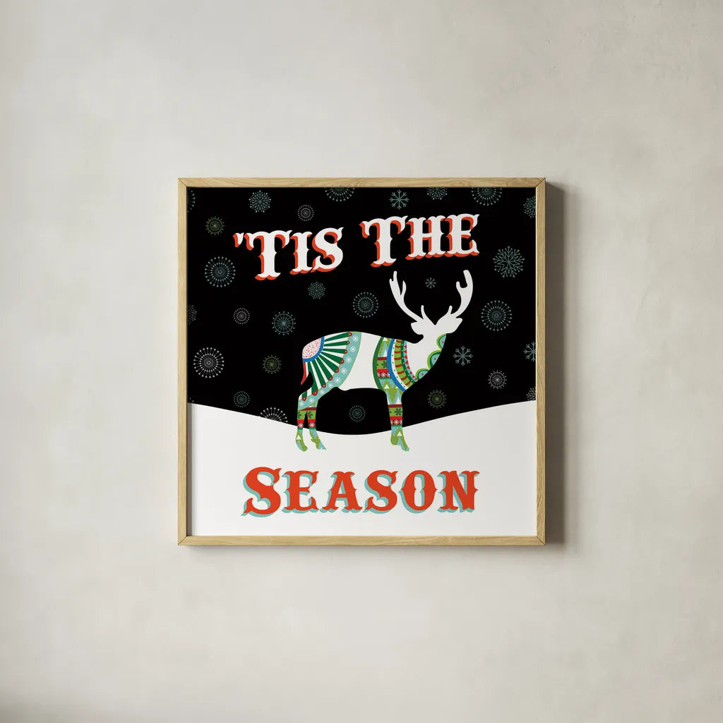 Mod Holiday on Black III by Wild Apple Portfolio. Shown in a natural wood glass frame for a timeless modern aesthetic. Available as an archival giclee rolled canvas, fine art paper, or poster print. SKU 41758a.