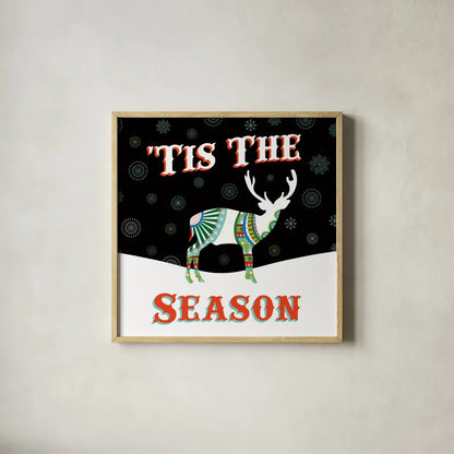 Mod Holiday on Black III by Wild Apple Portfolio. Shown in a natural wood glass frame for a timeless modern aesthetic. Available as an archival giclee rolled canvas, fine art paper, or poster print. SKU 41758a.