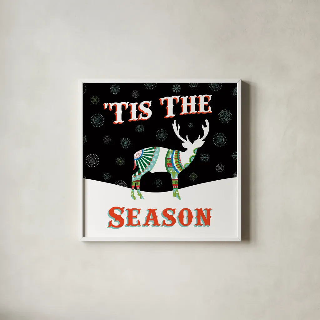 Mod Holiday on Black III by Wild Apple Portfolio. Shown in a crisp white glass frame for a clean and minimalist style. Available as an archival giclee rolled canvas, fine art paper, or poster print. SKU 41758a.