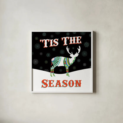 Mod Holiday on Black III by Wild Apple Portfolio. Shown in a crisp white glass frame for a clean and minimalist style. Available as an archival giclee rolled canvas, fine art paper, or poster print. SKU 41758a.