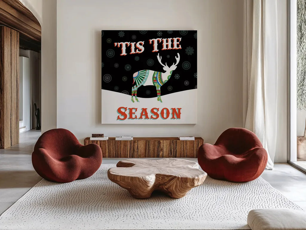 Mod Holiday on Black III by Wild Apple Portfolio. Shown as extra-large giant wall art in a modern living room. Available as an archival giclee rolled canvas, fine art paper, or poster print. SKU 41758a.