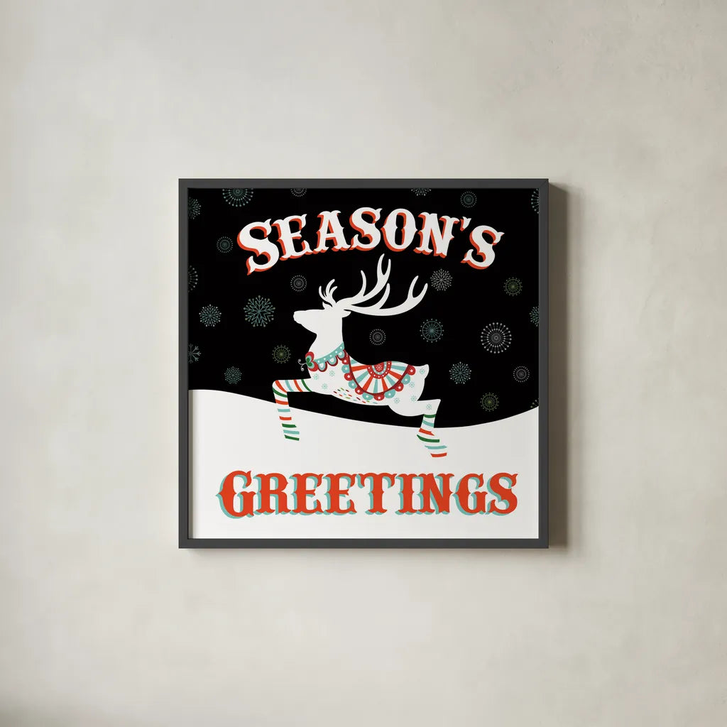 Mod Holiday on Black IV by Wild Apple Portfolio. Shown in a sleek black glass frame for a contemporary gallery look. Available as an archival giclee rolled canvas, fine art paper, or poster print. SKU 41759a.