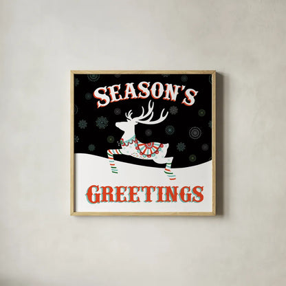 Mod Holiday on Black IV by Wild Apple Portfolio. Shown in a natural wood glass frame for a timeless modern aesthetic. Available as an archival giclee rolled canvas, fine art paper, or poster print. SKU 41759a.