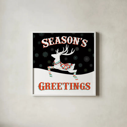 Mod Holiday on Black IV by Wild Apple Portfolio. Shown in a crisp white glass frame for a clean and minimalist style. Available as an archival giclee rolled canvas, fine art paper, or poster print. SKU 41759a.