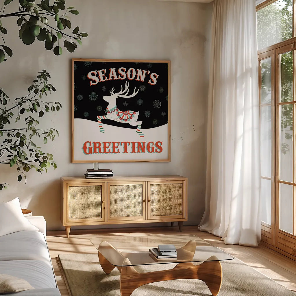 Mod Holiday on Black IV by Wild Apple Portfolio. Shown in a natural wood frame in a cozy modern living room. Available as an archival giclee rolled canvas, fine art paper, or poster print. SKU 41759a.