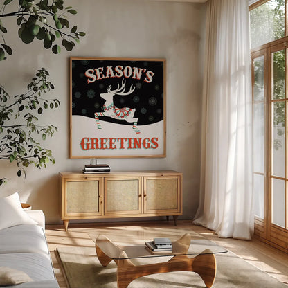 Mod Holiday on Black IV by Wild Apple Portfolio. Shown in a natural wood frame in a cozy modern living room. Available as an archival giclee rolled canvas, fine art paper, or poster print. SKU 41759a.