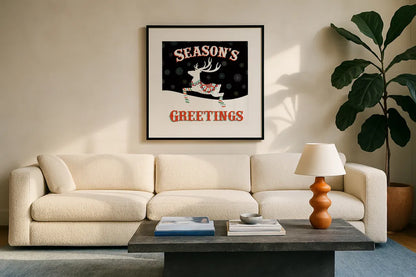 Mod Holiday on Black IV by Wild Apple Portfolio. Displayed in a glass frame with matte in a clean modern living room. Available as an archival giclee rolled canvas, fine art paper, or poster print. SKU 41759a.