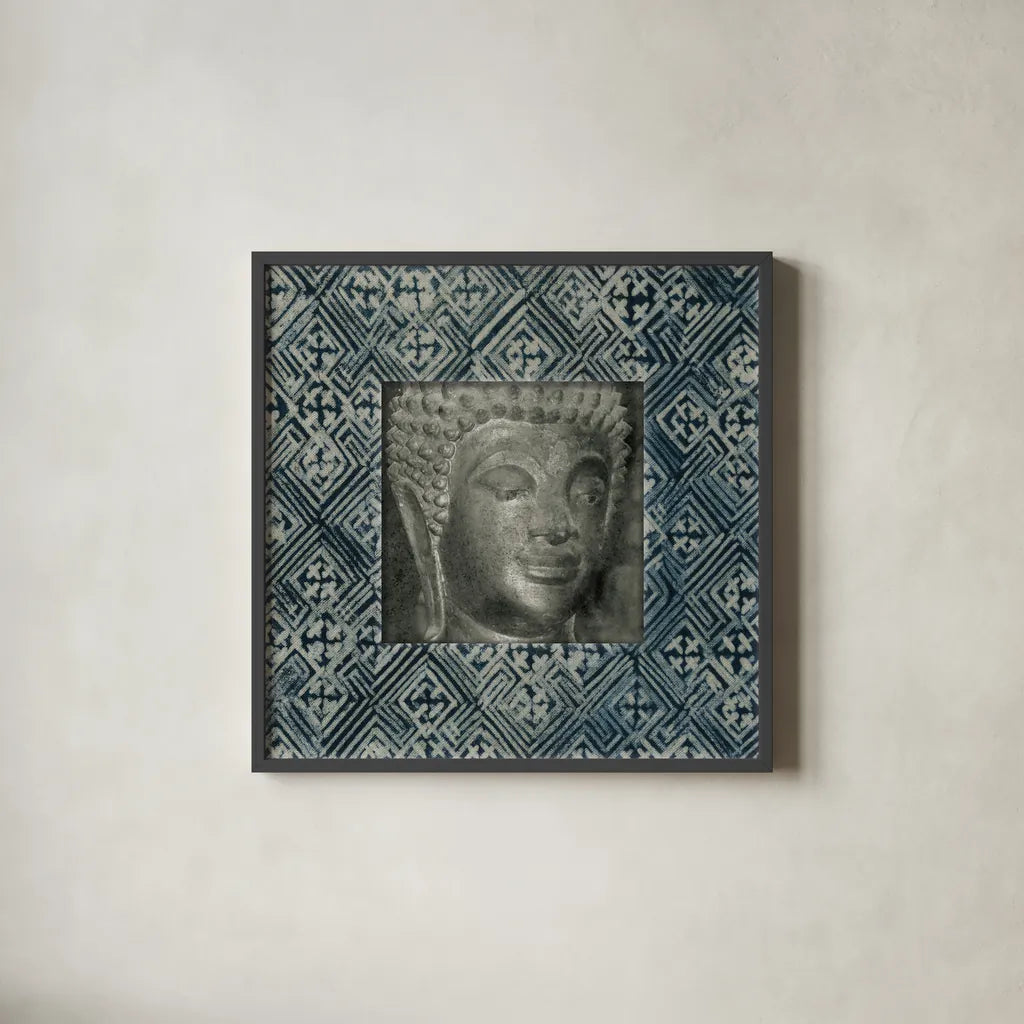 Moment of Zen I Batik by Wild Apple Portfolio. Shown in a sleek black glass frame for a contemporary gallery look. Available as an archival giclee rolled canvas, fine art paper, or poster print. SKU 39695a.