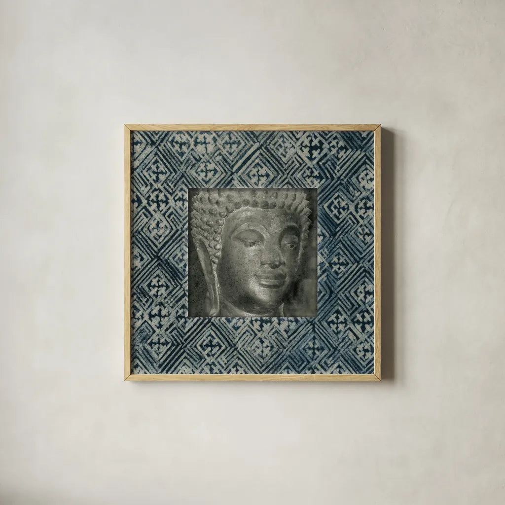 Moment of Zen I Batik by Wild Apple Portfolio. Shown in a natural wood glass frame for a timeless modern aesthetic. Available as an archival giclee rolled canvas, fine art paper, or poster print. SKU 39695a.