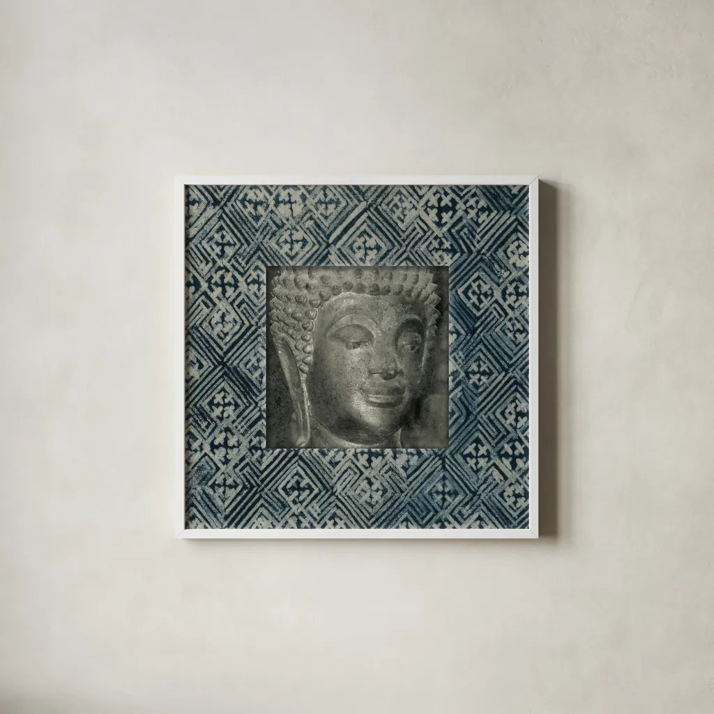 Moment of Zen I Batik by Wild Apple Portfolio. Shown in a crisp white glass frame for a clean and minimalist style. Available as an archival giclee rolled canvas, fine art paper, or poster print. SKU 39695a.