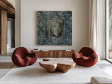 Moment of Zen I Batik by Wild Apple Portfolio. Shown as extra-large giant wall art in a modern living room. Available as an archival giclee rolled canvas, fine art paper, or poster print. SKU 39695a.