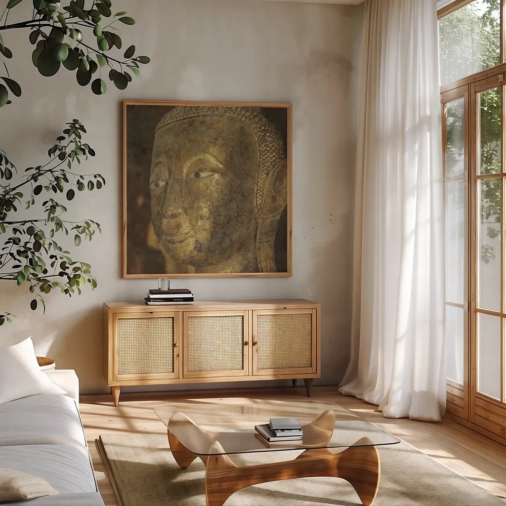 Moment of Zen II by Wild Apple Portfolio. Shown in a natural wood frame in a cozy modern living room. Available as an archival giclee rolled canvas, fine art paper, or poster print. SKU 38987a.
