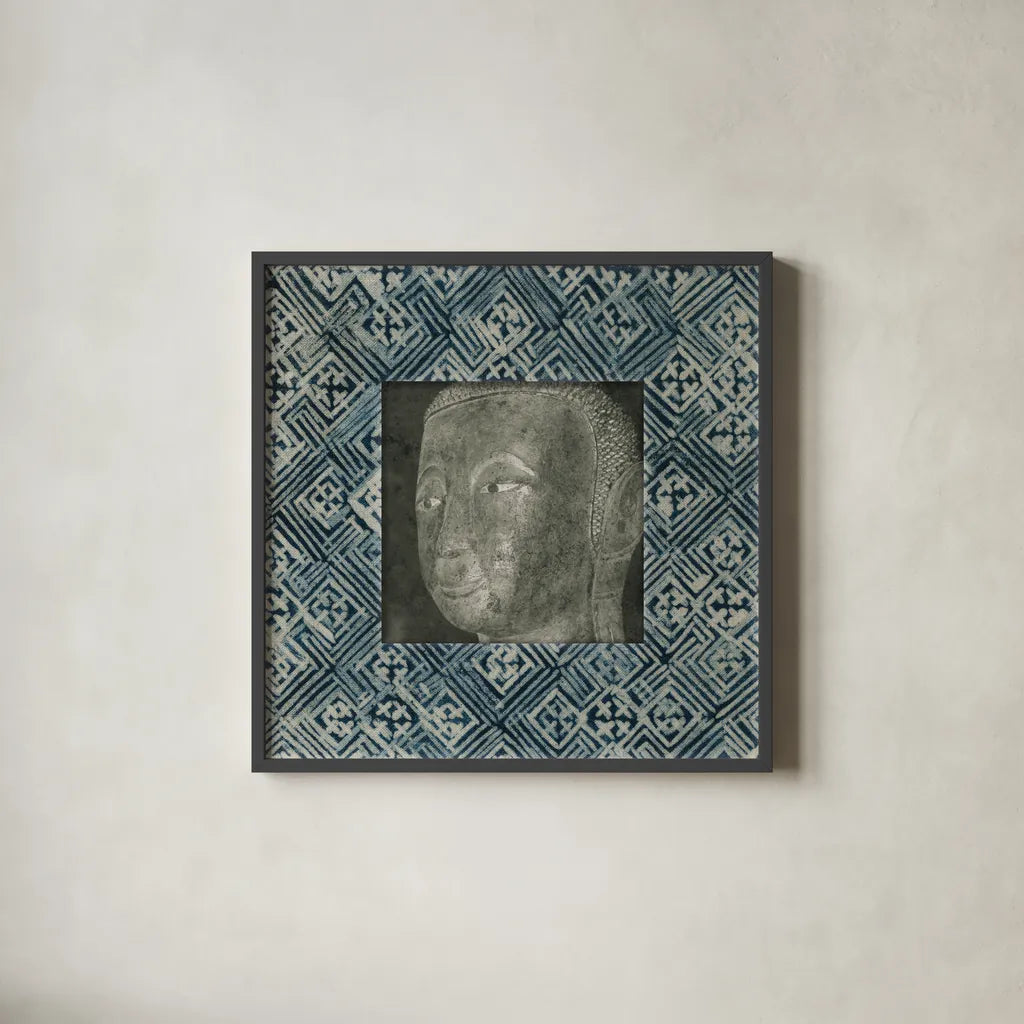 Moment of Zen II Batik by Wild Apple Portfolio. Shown in a sleek black glass frame for a contemporary gallery look. Available as an archival giclee rolled canvas, fine art paper, or poster print. SKU 39696a.