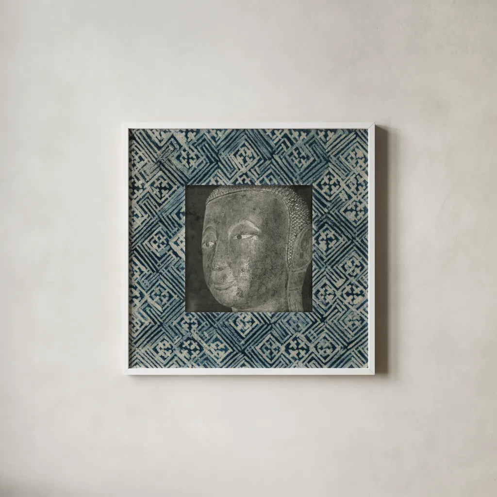 Moment of Zen II Batik by Wild Apple Portfolio. Shown in a crisp white glass frame for a clean and minimalist style. Available as an archival giclee rolled canvas, fine art paper, or poster print. SKU 39696a.