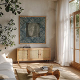 Moment of Zen II Batik by Wild Apple Portfolio. Shown in a natural wood frame in a cozy modern living room. Available as an archival giclee rolled canvas, fine art paper, or poster print. SKU 39696a.