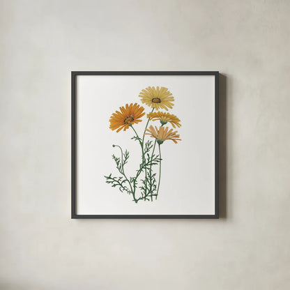 Monument Etching Tile Flowers II by Wild Apple Portfolio. Shown in a sleek black glass frame for a contemporary gallery look. Available as an archival giclee rolled canvas, fine art paper, or poster print. SKU 53759a.
