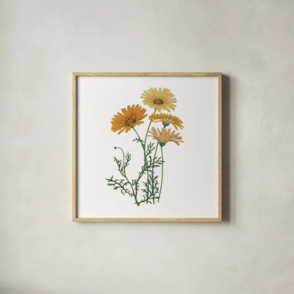Monument Etching Tile Flowers II by Wild Apple Portfolio. Shown in a natural wood glass frame for a timeless modern aesthetic. Available as an archival giclee rolled canvas, fine art paper, or poster print. SKU 53759a.