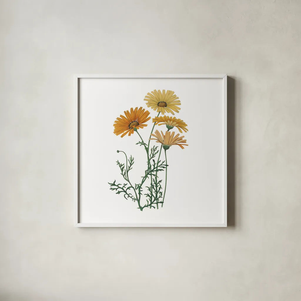 Monument Etching Tile Flowers II by Wild Apple Portfolio. Shown in a crisp white glass frame for a clean and minimalist style. Available as an archival giclee rolled canvas, fine art paper, or poster print. SKU 53759a.