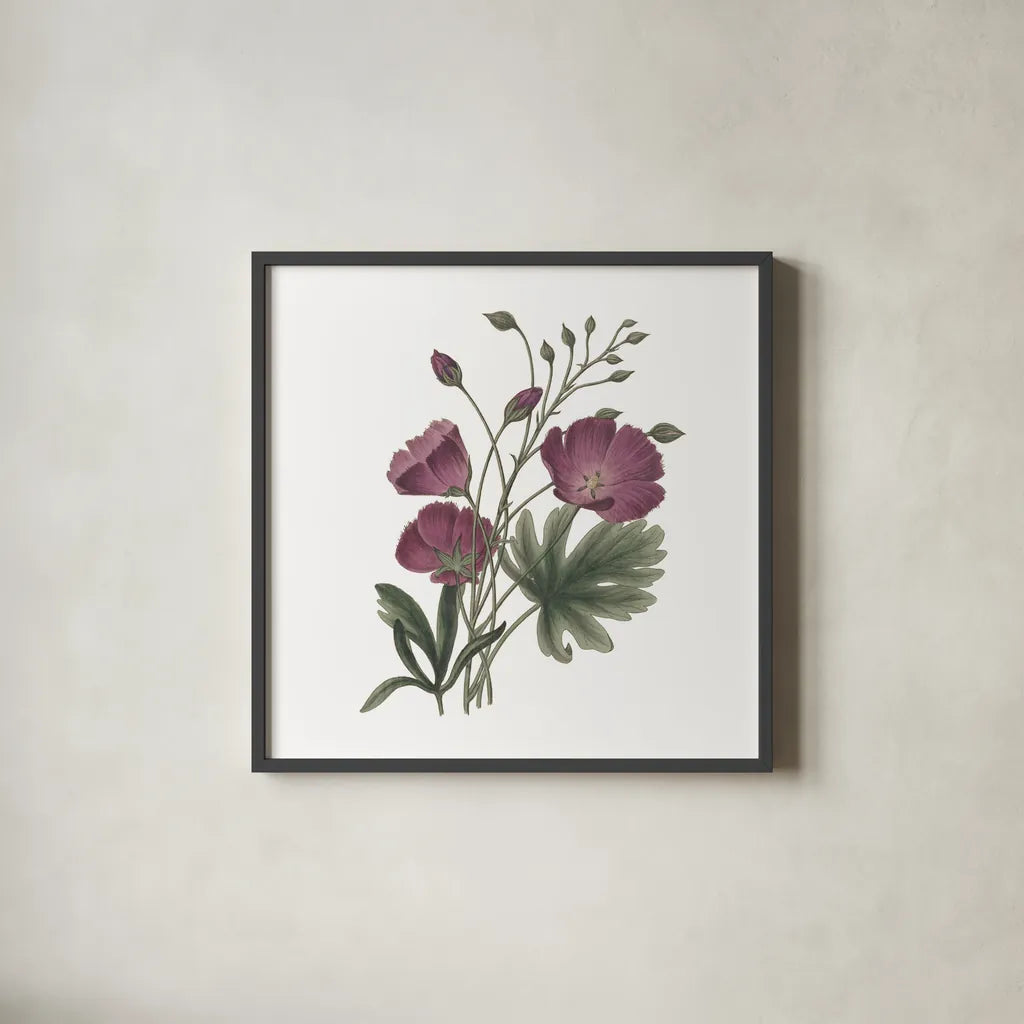 Monument Etching Tile Flowers III by Wild Apple Portfolio. Shown in a sleek black glass frame for a contemporary gallery look. Available as an archival giclee rolled canvas, fine art paper, or poster print. SKU 53760a.