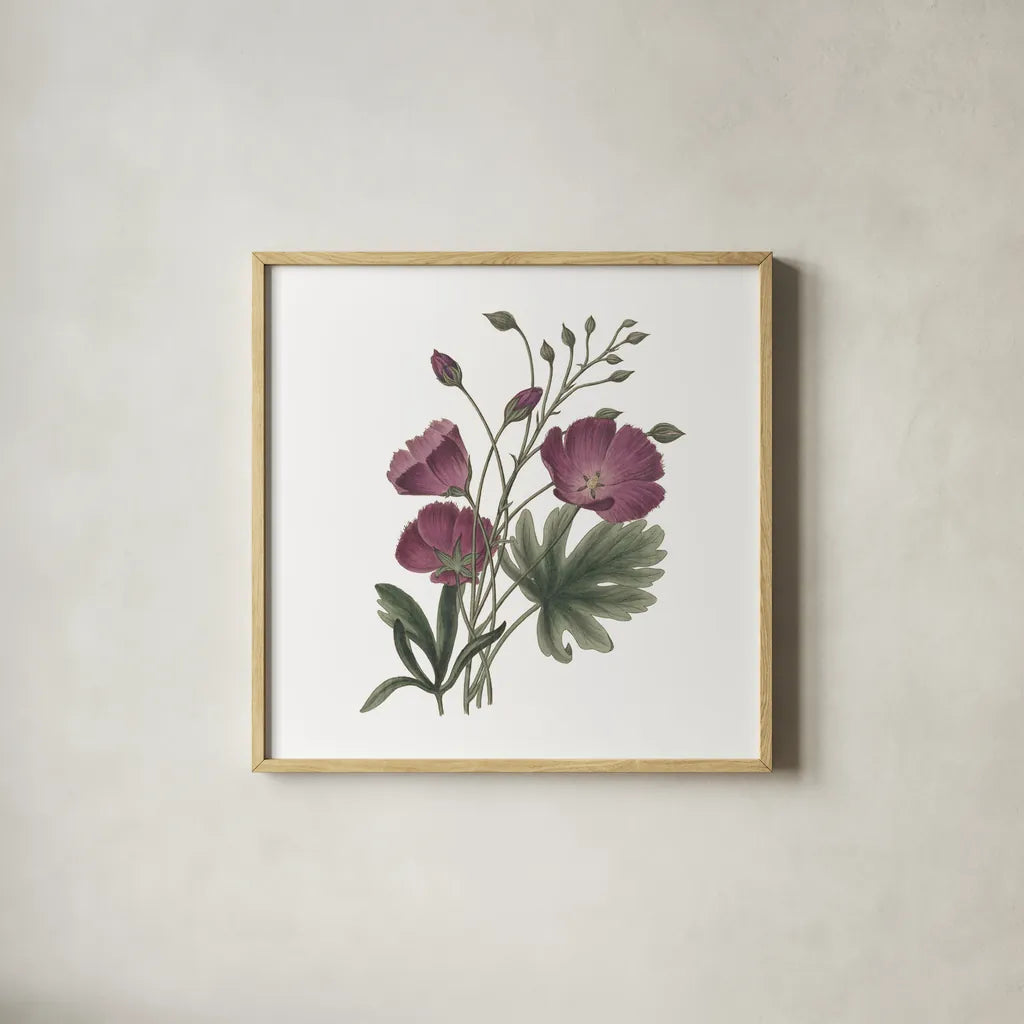 Monument Etching Tile Flowers III by Wild Apple Portfolio. Shown in a natural wood glass frame for a timeless modern aesthetic. Available as an archival giclee rolled canvas, fine art paper, or poster print. SKU 53760a.