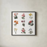 Monument Etching Tile Flowers Sq II White by Wild Apple Portfolio. Shown in a sleek black glass frame for a contemporary gallery look. Available as an archival giclee rolled canvas, fine art paper, or poster print. SKU 63754a.
