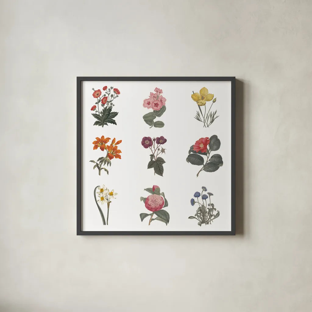 Monument Etching Tile Flowers Sq II White by Wild Apple Portfolio. Shown in a sleek black glass frame for a contemporary gallery look. Available as an archival giclee rolled canvas, fine art paper, or poster print. SKU 63754a.