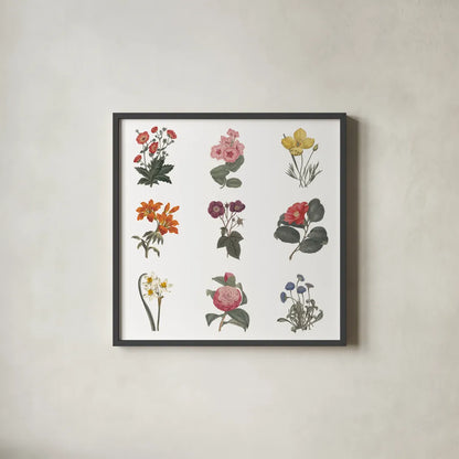 Monument Etching Tile Flowers Sq II White by Wild Apple Portfolio. Shown in a sleek black glass frame for a contemporary gallery look. Available as an archival giclee rolled canvas, fine art paper, or poster print. SKU 63754a.