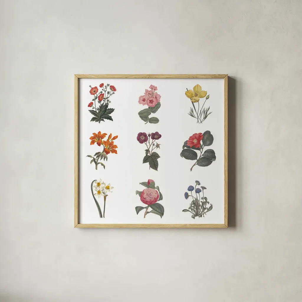 Monument Etching Tile Flowers Sq II White by Wild Apple Portfolio. Shown in a natural wood glass frame for a timeless modern aesthetic. Available as an archival giclee rolled canvas, fine art paper, or poster print. SKU 63754a.