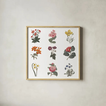 Monument Etching Tile Flowers Sq II White by Wild Apple Portfolio. Shown in a natural wood glass frame for a timeless modern aesthetic. Available as an archival giclee rolled canvas, fine art paper, or poster print. SKU 63754a.