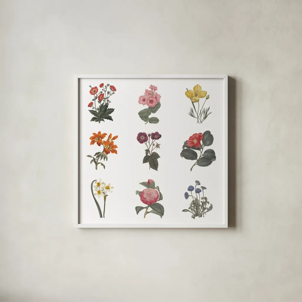 Monument Etching Tile Flowers Sq II White by Wild Apple Portfolio. Shown in a crisp white glass frame for a clean and minimalist style. Available as an archival giclee rolled canvas, fine art paper, or poster print. SKU 63754a.