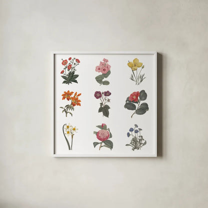 Monument Etching Tile Flowers Sq II White by Wild Apple Portfolio. Shown in a crisp white glass frame for a clean and minimalist style. Available as an archival giclee rolled canvas, fine art paper, or poster print. SKU 63754a.