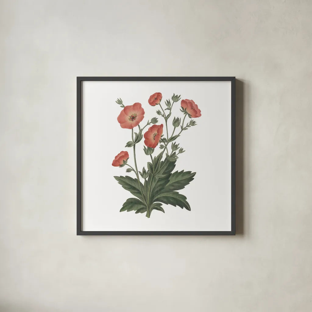 Monument Etching Tile Flowers V by Wild Apple Portfolio. Shown in a sleek black glass frame for a contemporary gallery look. Available as an archival giclee rolled canvas, fine art paper, or poster print. SKU 53762a.