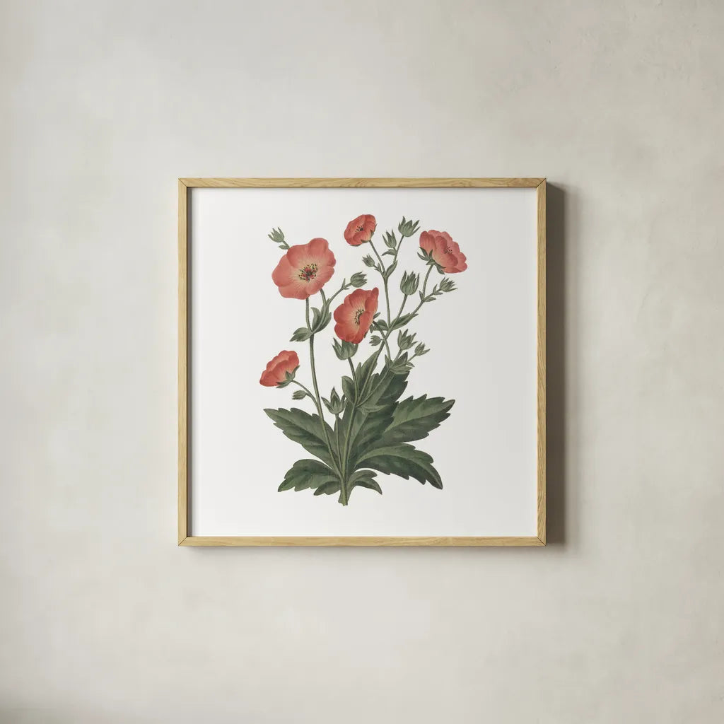 Monument Etching Tile Flowers V by Wild Apple Portfolio. Shown in a natural wood glass frame for a timeless modern aesthetic. Available as an archival giclee rolled canvas, fine art paper, or poster print. SKU 53762a.
