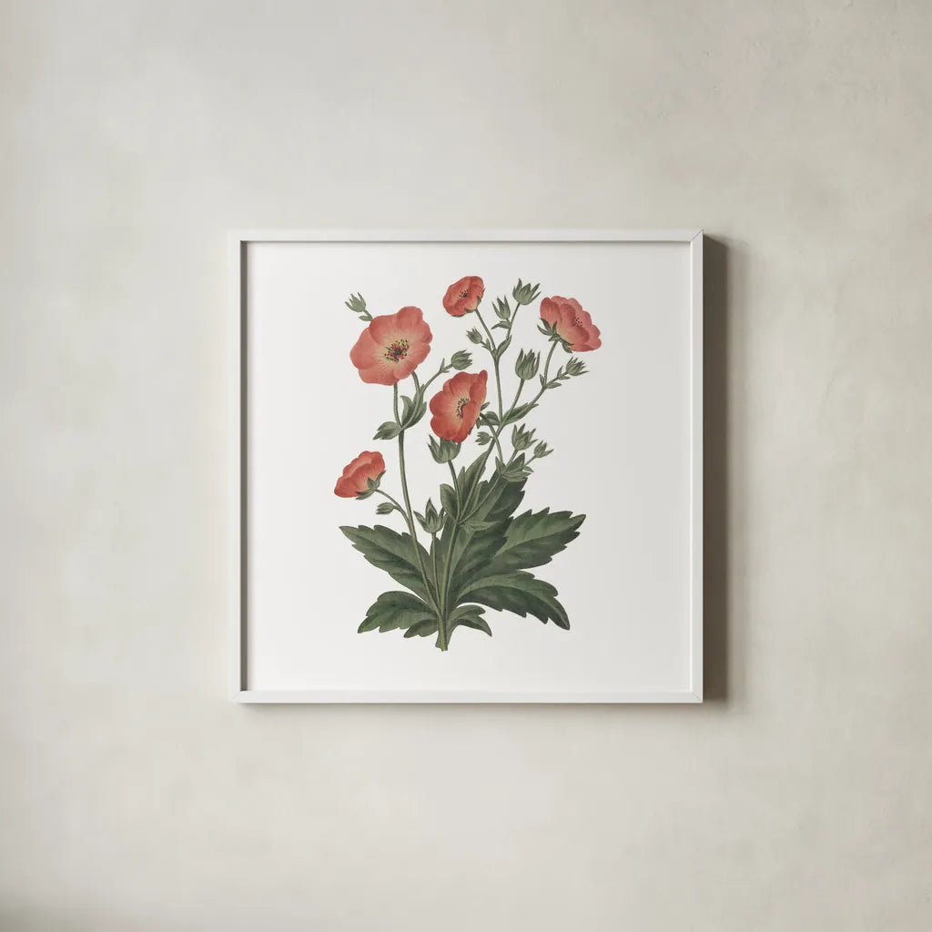 Monument Etching Tile Flowers V by Wild Apple Portfolio. Shown in a crisp white glass frame for a clean and minimalist style. Available as an archival giclee rolled canvas, fine art paper, or poster print. SKU 53762a.