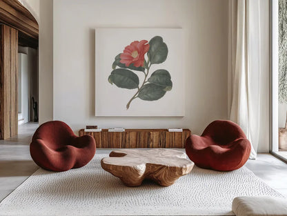 Monument Etching Tile Flowers VII by Wild Apple Portfolio. Shown as extra-large giant wall art in a modern living room. Available as an archival giclee rolled canvas, fine art paper, or poster print. SKU 53764a.