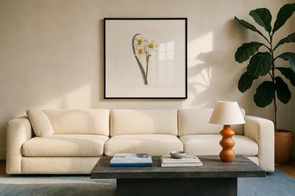 Monument Etching Tile Flowers VIII by Wild Apple Portfolio. Displayed in a glass frame with matte in a clean modern living room. Available as an archival giclee rolled canvas, fine art paper, or poster print. SKU 53765a.