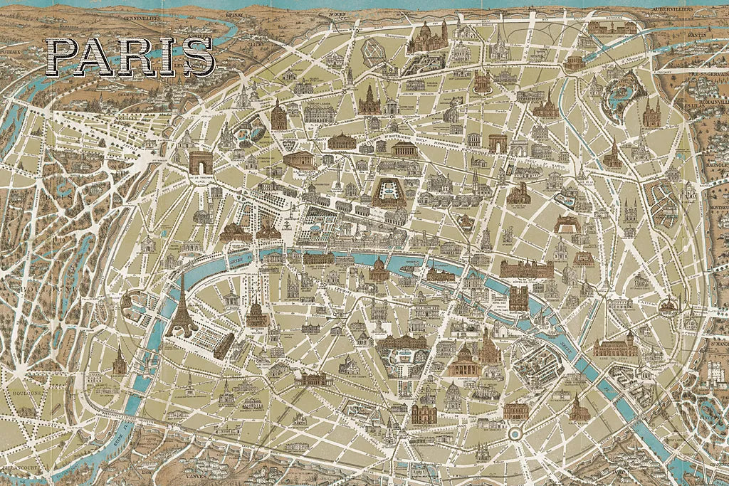Monuments of Paris Map Blue by Wild Apple Portfolio. SKU 10976i. Archival Giclee Fine art print for wall decor.