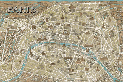 Monuments of Paris Map Blue by Wild Apple Portfolio. SKU 10976i. Archival Giclee Fine art print for wall decor.