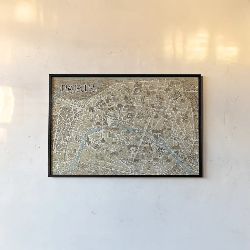 Monuments of Paris Map Blue by Wild Apple Portfolio. shown as a paper print in a black flame. Available as a archival giclee rolled canvas, fine art paper, or poster print. SKU 10976i.