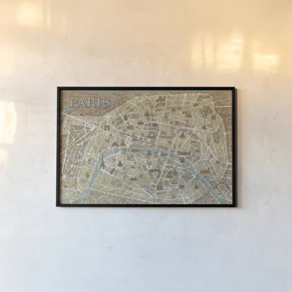 Monuments of Paris Map Blue by Wild Apple Portfolio. shown as a paper print in a black flame. Available as a archival giclee rolled canvas, fine art paper, or poster print. SKU 10976i.