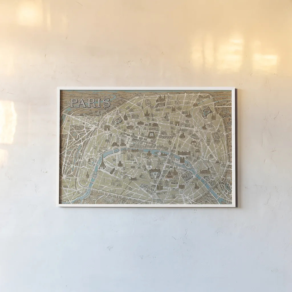 Monuments of Paris Map Blue by Wild Apple Portfolio. shown as a paper print in a white frame. Available as a archival giclee rolled canvas, fine art paper, or poster print. SKU 10976i.