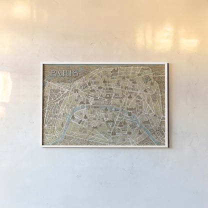 Monuments of Paris Map Blue by Wild Apple Portfolio. shown as a paper print in a white frame. Available as a archival giclee rolled canvas, fine art paper, or poster print. SKU 10976i.