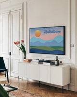 Mountaintop by Wild Apple Portfolio. shown as a framed stretched canvas in a living room above a console. Available as a archival giclee rolled canvas, fine art paper, or poster print. SKU 65624i.