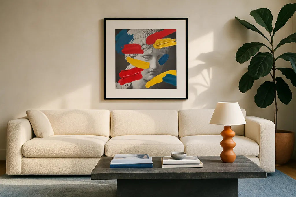 Muse by Wild Apple Portfolio. Displayed in a glass frame with matte in a clean modern living room. Available as an archival giclee rolled canvas, fine art paper, or poster print. SKU 90707a.