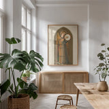 Musical Angel I by Wild Apple Portfolio. shown as a print in a natural wood frame in a dining room. Available as a archival giclee rolled canvas, fine art paper, or poster print. SKU 92487h.