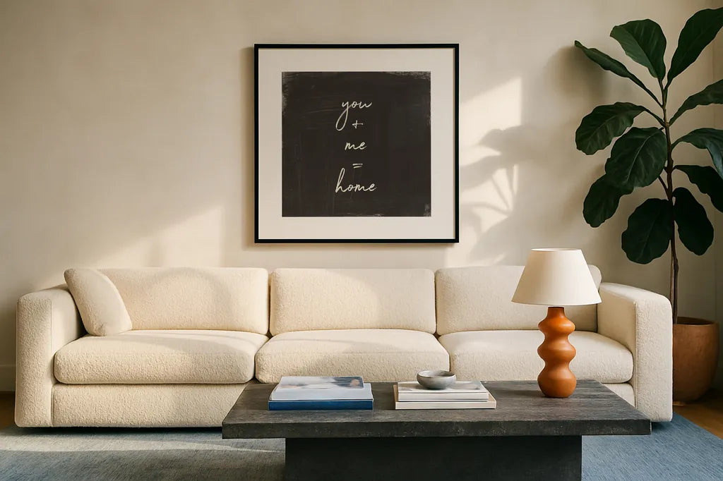 My Home Inspiration I by Wild Apple Portfolio. Displayed in a glass frame with matte in a clean modern living room. Available as an archival giclee rolled canvas, fine art paper, or poster print. SKU 48177a.