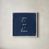My Home Inspiration I Indigo by Wild Apple Portfolio. Shown in a crisp white glass frame for a clean and minimalist style. Available as an archival giclee rolled canvas, fine art paper, or poster print. SKU 80567a.