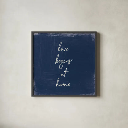 My Home Inspiration IV Indigo by Wild Apple Portfolio. Shown in a sleek black glass frame for a contemporary gallery look. Available as an archival giclee rolled canvas, fine art paper, or poster print. SKU 80570a.